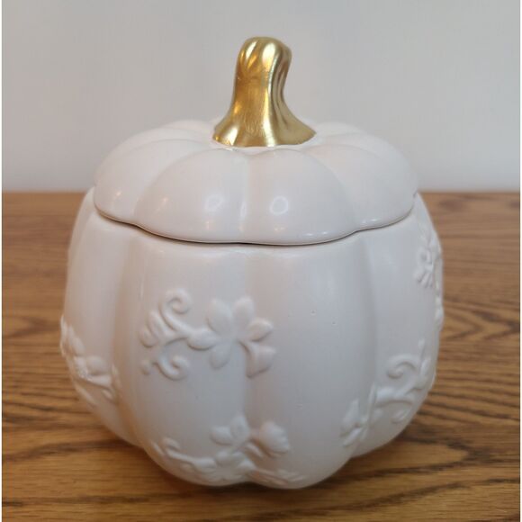 White Ceramic Harvest Pumpkin Container With Lid From 1-800-Flowers Arrangement - Picture 2 of 10